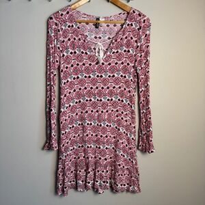 H&M Divided Women's Size 8 Boho Long Sleeve Dress Ruffle Hem Pleated Tassel Tie